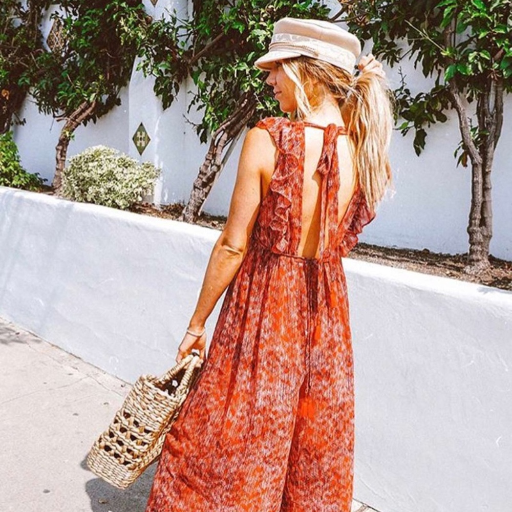 Red Phoenix Ruffle Print Jumpsuit Romper